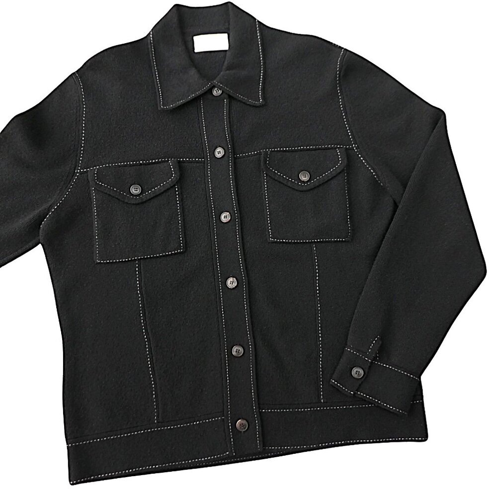 CaSHMeRe Neiman Marcus Black Shacket Cardigan White Top Stitch Flapped Pockets M - Picture 4 of 8